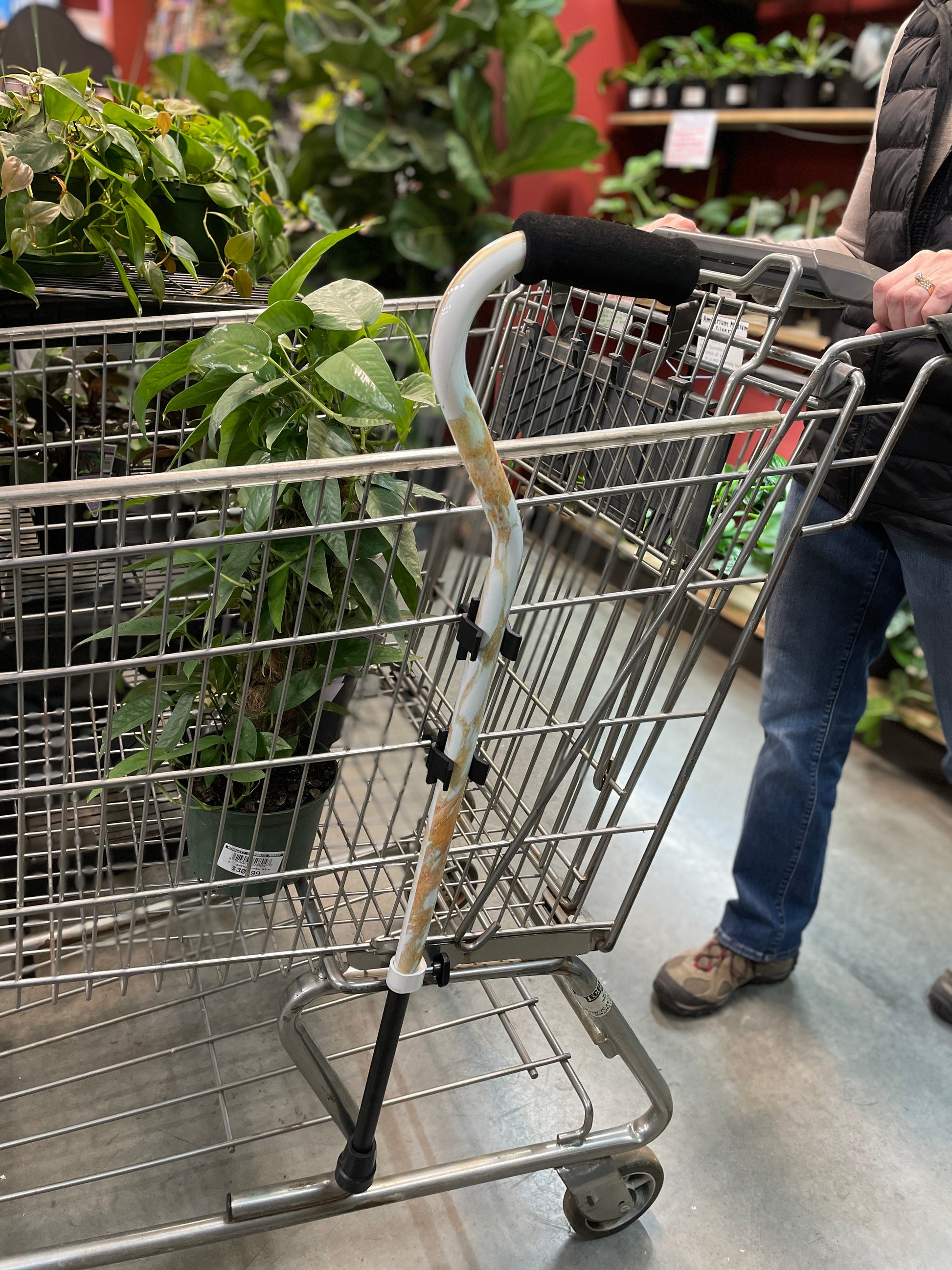 metal cane clipped to buggy