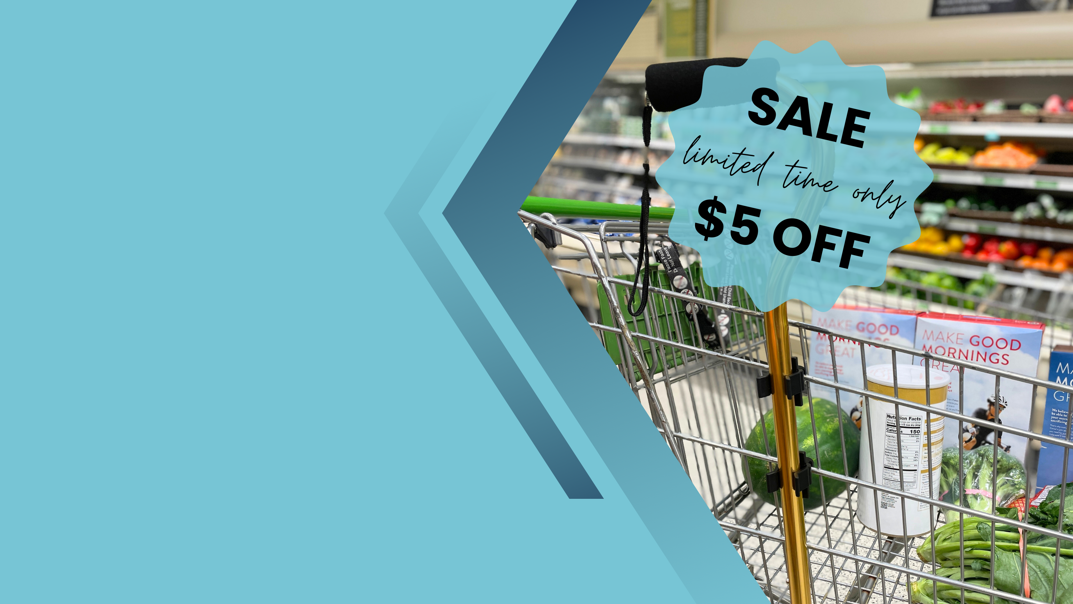 a cane clipped to the side of a grocery shopping cart with Klip2Kart cane clips. a starburst with the words "sale limited time only $5 off" is overlaid on the image.